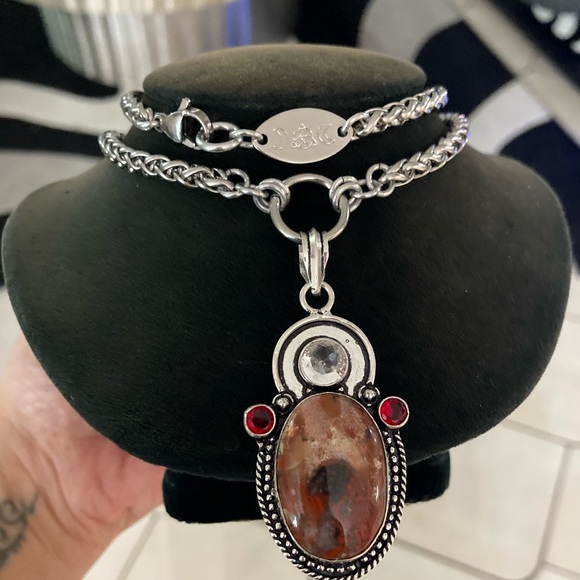 925 sterling silver overlay genuine red jasper stone boho steel chain necklace - Picture 2 of 15